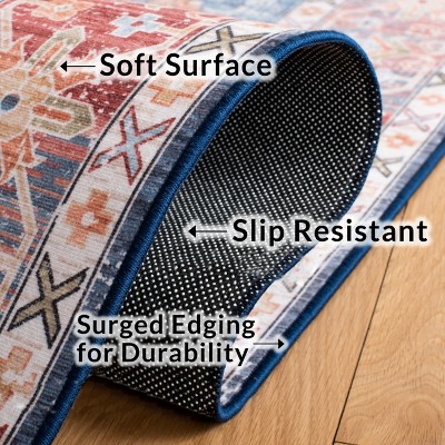 Blue and Rust Round Synthetic Washable Area Rug