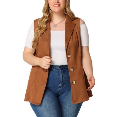 Agnes Orinda Women's Plus Size Lapel Suede Long Sleeveless Fashion Vest