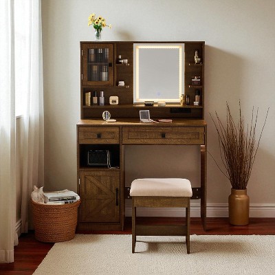 Farmhouse Makeup Vanity Desk with Lighted Mirror and Charging Station,Rustic Dressing Table with Barn Door Style,Storage Drawers,Shelves and Stool