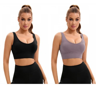 INSPIRE CHIC 2 Pcs Women's U Back V-Neck Padded Workout Crop Top with Built-in Bra Sports Bras