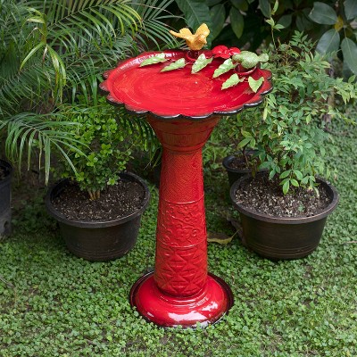 Red Metal Bird Bath with Birds and Leaves, 28-Inch