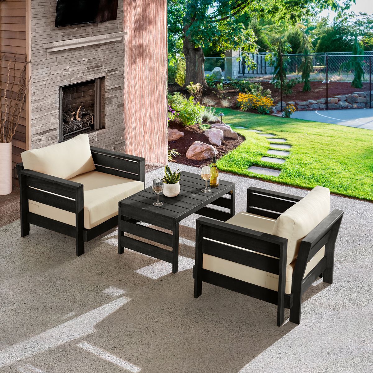 Alaterre Furniture Barton 3 Piece Patio Furniture Set - Weather-Resistant Eucalyptus Wood Outdoor Table and Chairs with Cushions - (Black) - thumbnail 7