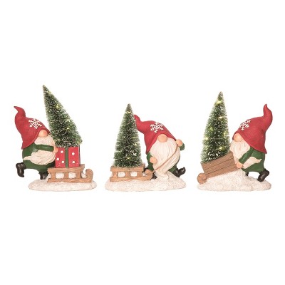 Transpac Resin Light Up Gnome & Bottle Brush Figurine Set of 3 Christmas Home Decorations