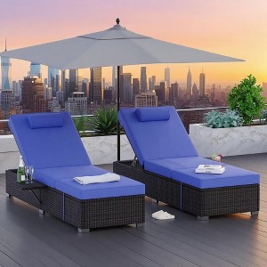 Reclining Patio Lounge Chairs Set of 2, Brown Wicker with Blue Cushions for Outdoor, Poolside, Indoor Use - 1 of 4