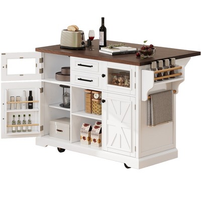 Vynxaria 54.9" Kitchen Island with Drop Leaf, Power Outlet & Barn Doors
