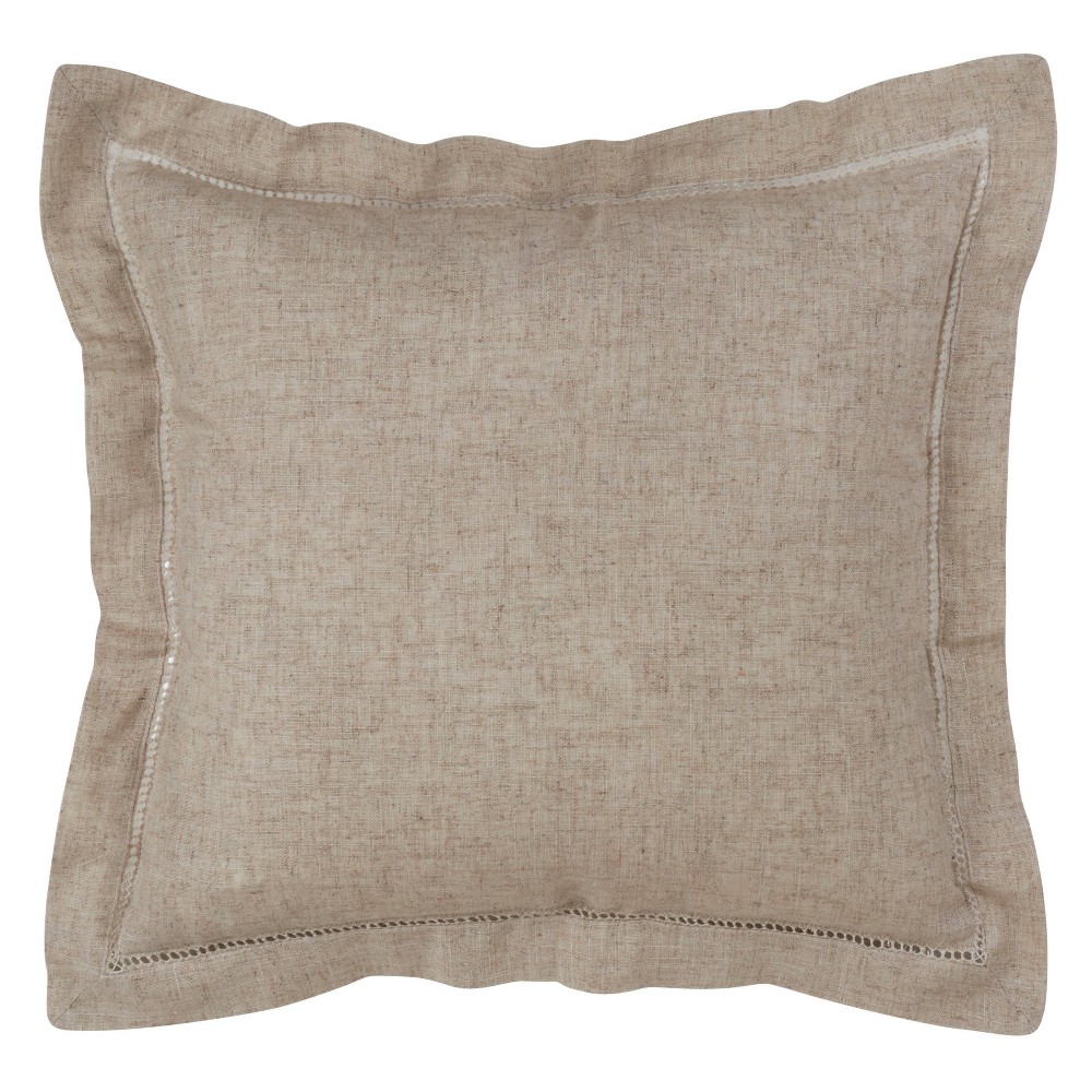 18"x18" Down Filled Hemstitch Square Throw Pillow Natural - Saro Lifestyle: Polyester & Linen, Zipper Closure, Indoor Use