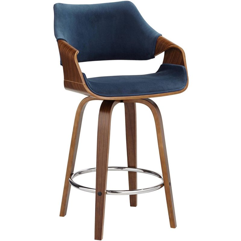 Studio 55D Westin Walnut Swivel Bar Stool 25 3/4" High Mid Century Modern Blue Cushion with Backrest Footrest for Kitchen Counter Height Island House, 1 of 10