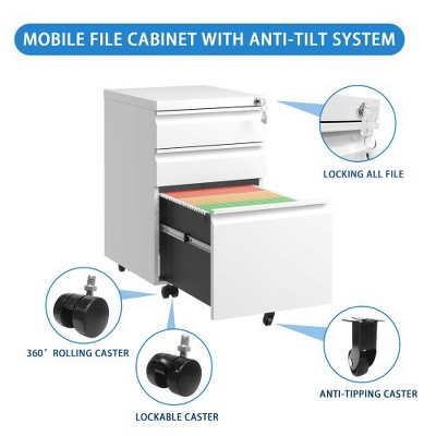 Anybear White 3 Drawer Mobile File Cabinet with Lock