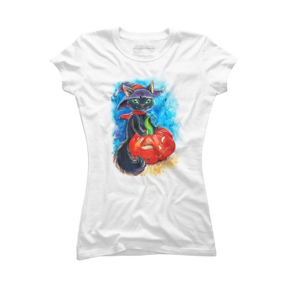 Junior's Design By Humans halloween. the witch cat By POLINART T-Shirt