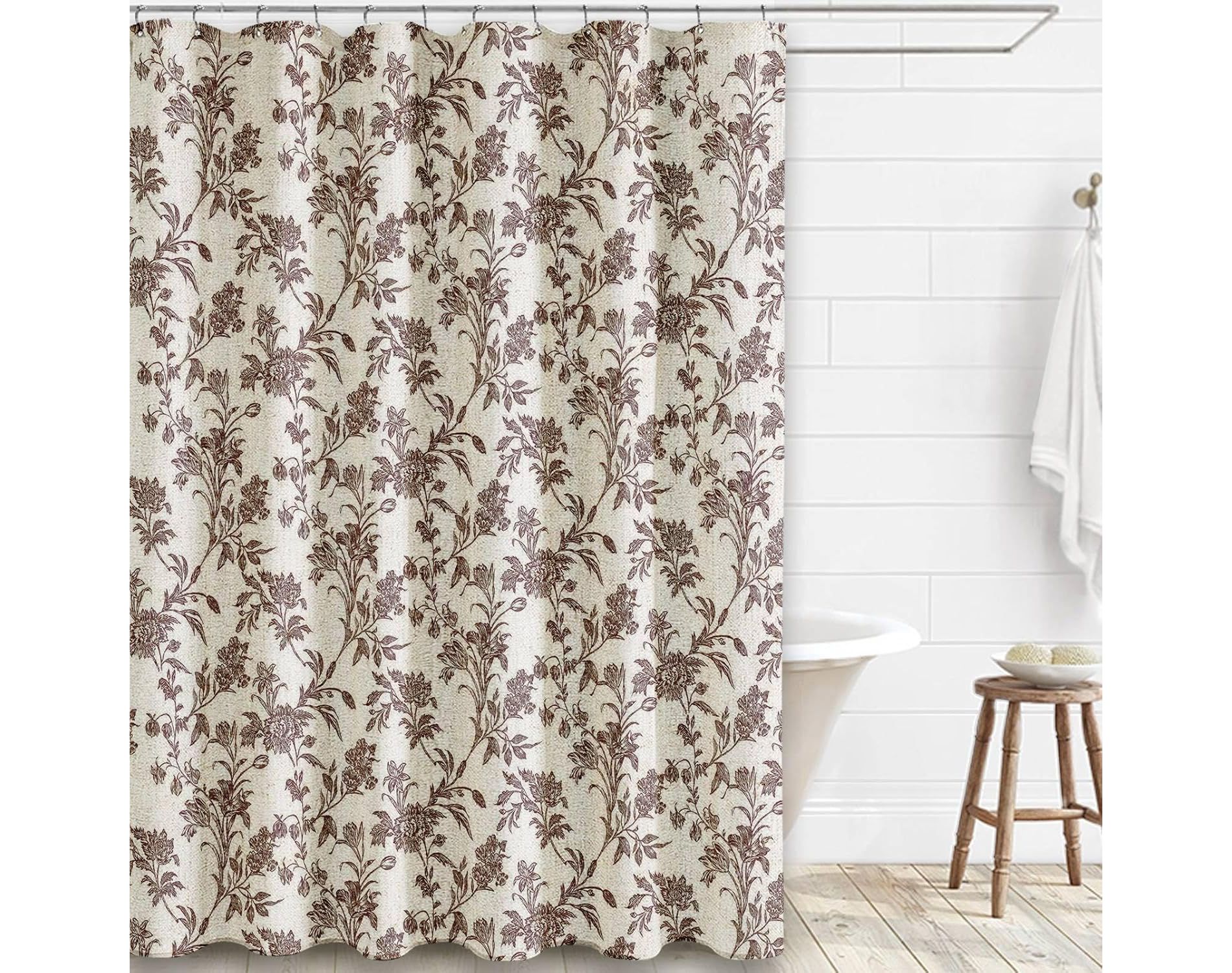 Brown Shower Curtain Floral Cotton Linen Cottagecore Shower Curtain for Bathroom 70.8x70.8 Inch