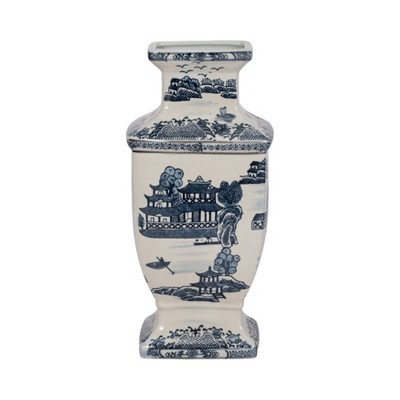 Sagebrook Home 15" Ceramic Vase - Contemporary Blue and White Chinoiserie Temple Design Floral Vase For Decorative Table