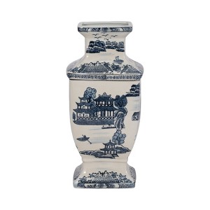 Sagebrook Home 15" Ceramic Vase - Contemporary Blue and White Chinoiserie Temple Design Floral Vase For Decorative Table - 1 of 4