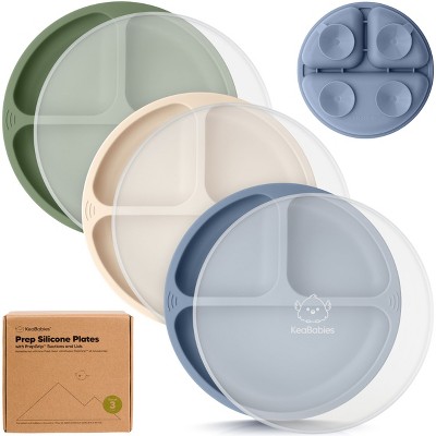 3-Pack Prep Suction Plates with Lids, 100% Silicone Baby Plates with Lid, BPA-Free Kids Divided Toddler Plates