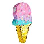 Blue Panda Ice Cream Pinata for Birthday Party, Colorful Sprinkles and Gold Foil Fringed Cone for Ice Cream Party Supplies, Small, 7.6 x 2.9 x 16.4 in