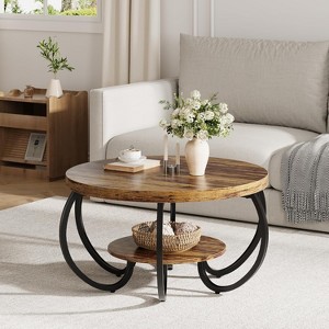30" Round Industrial Coffee Table w/ 2-Tier Shelf & Adjustable Legs - Wood Grain Design for Living Room,Easy Assemble - 1 of 4