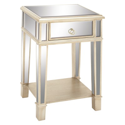 Beige Mirrored Fir Wood Accent Table with Storage