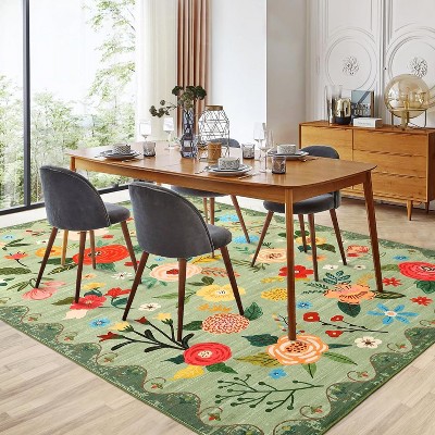 Garvee Floral Area Rug -Machine Washable Large Rugs, Non Slip Vintage Low Pile Soft Carpet, for Bedroom, Dining Room