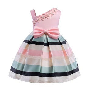 MyKids-USA Baby Girl Floral Patched Pattern Striped Tutu Princess Dress One Shoulder Dress - 1 of 4