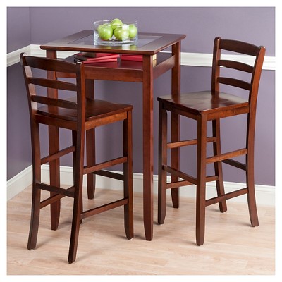 Walnut Transitional Pub Table with Glass Inset and 2 Chairs