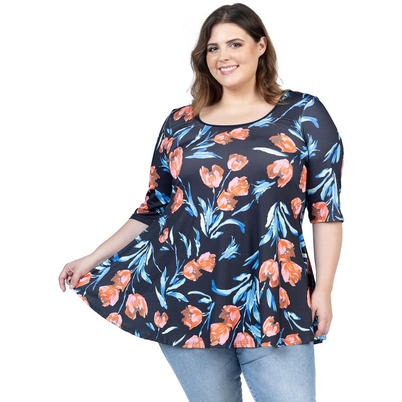 24seven Comfort Apparel Womens Plus Size Black Tulip Print Elbow Sleeve Casual Tunic Top, 5 of 7