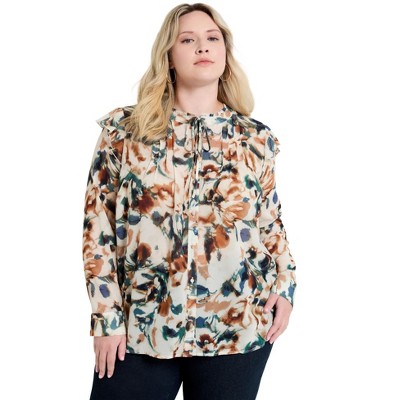 June + Vie by Roaman's Women's Plus Size Ruffle Button-Down Blouse
