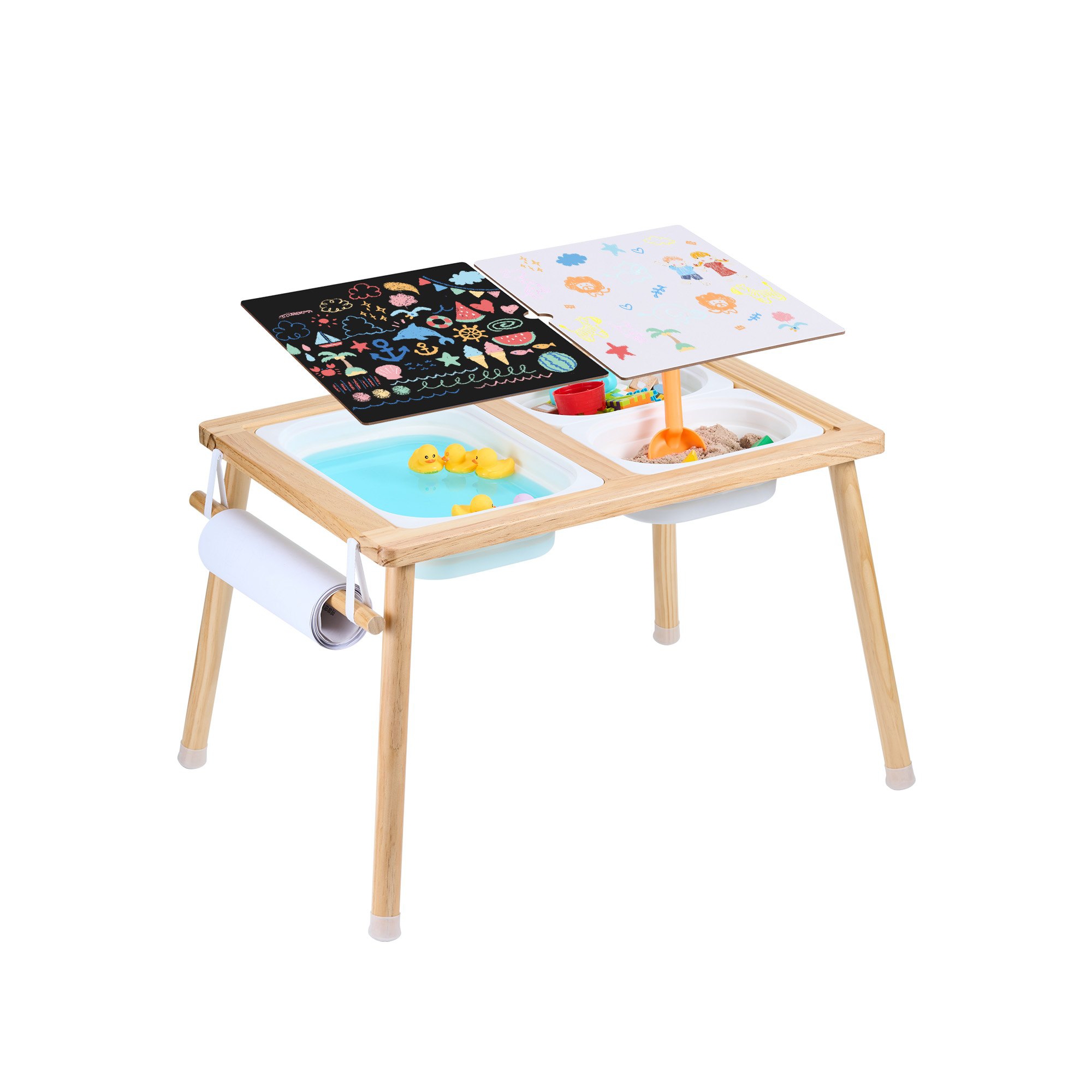 Toddler Sensory Table with Dual Tabletops, 3 Foldable Bins & Paper Roll for Sand Water Art Play