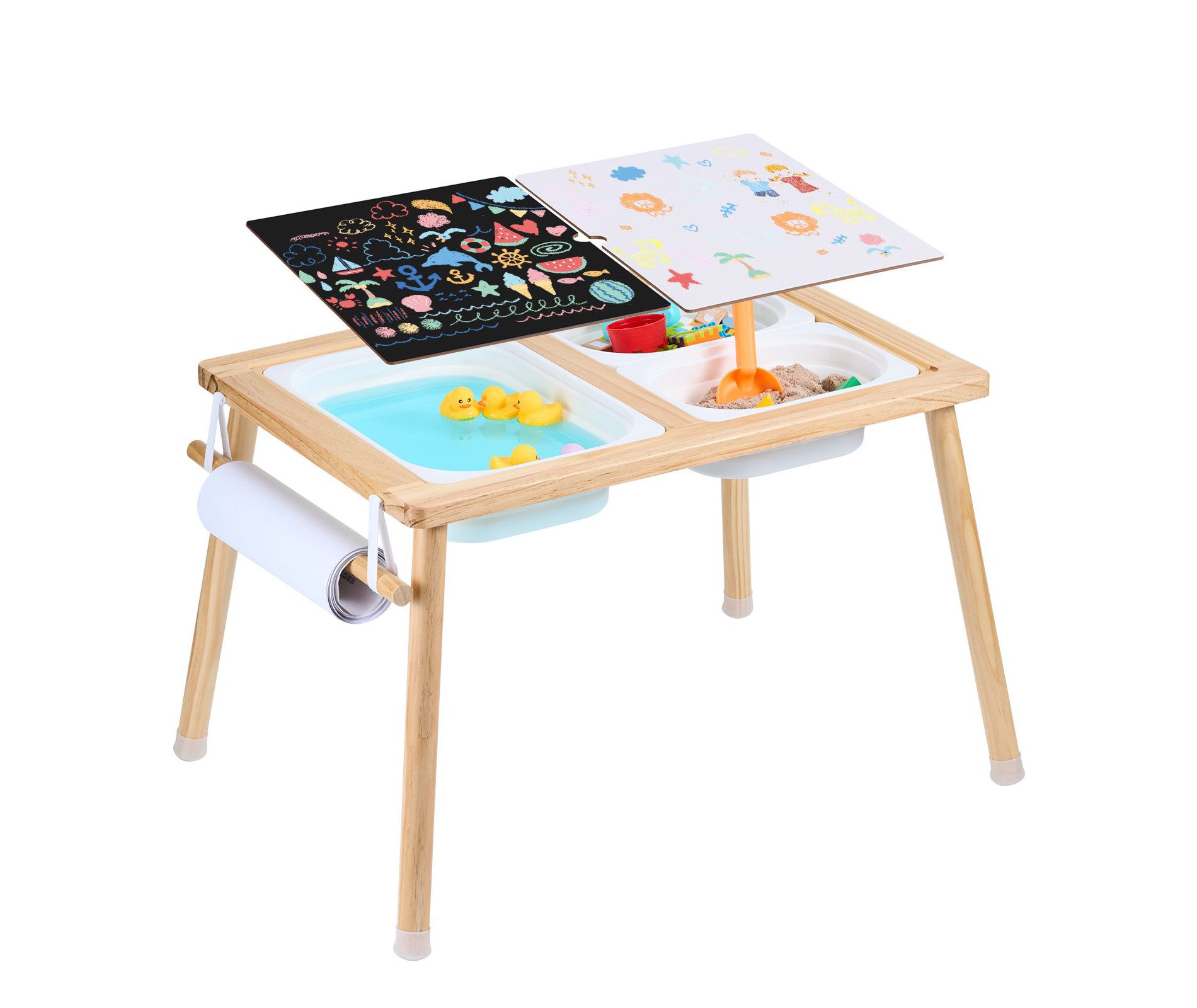 Toddlers Sensory Table with 3 Foldable Bins, Paper Roll & Dual Tabletops for Sand, Water & Art