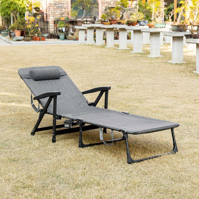 Outsunny Outdoor Folding Chaise Lounge Chair, Mesh Fabric Pool Chair with Adjustable Backrest, Pillow and Cup Holder for Poolside, Deck, Gray, 2 of 7