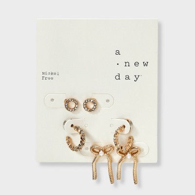 Circle and Bow Stud Earring Set 3pc - A New Day Gold - image 2