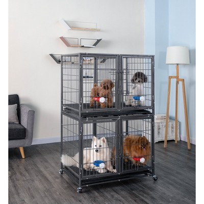 Gray Heavy Duty Stackable Rolling Pet Crate with Divider