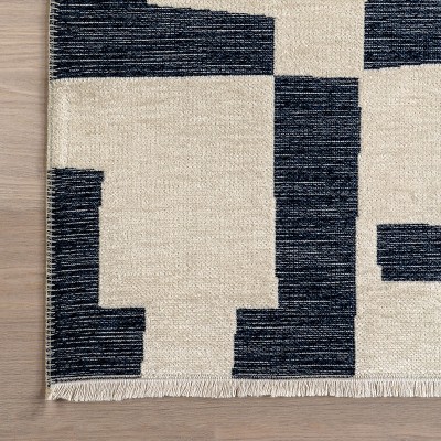 Viktoria Navy and White Geometric Reversible Washable Area Rug