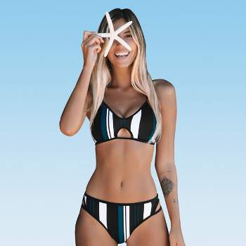 Women's Blue White Black Striped Bikini Set - Cupshe -Black