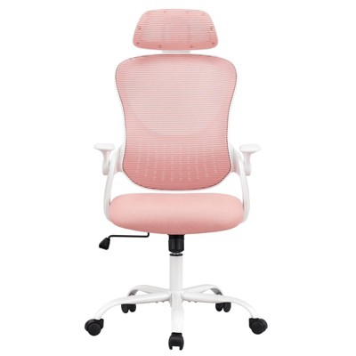 MAYEERTY Ergonomic Office Chair with Adjustable Headrest, Pink Fabric, 250 lb capacity