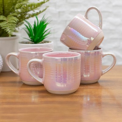 Pink Iridescent Ceramic 12 oz Coffee Mugs Set of 4