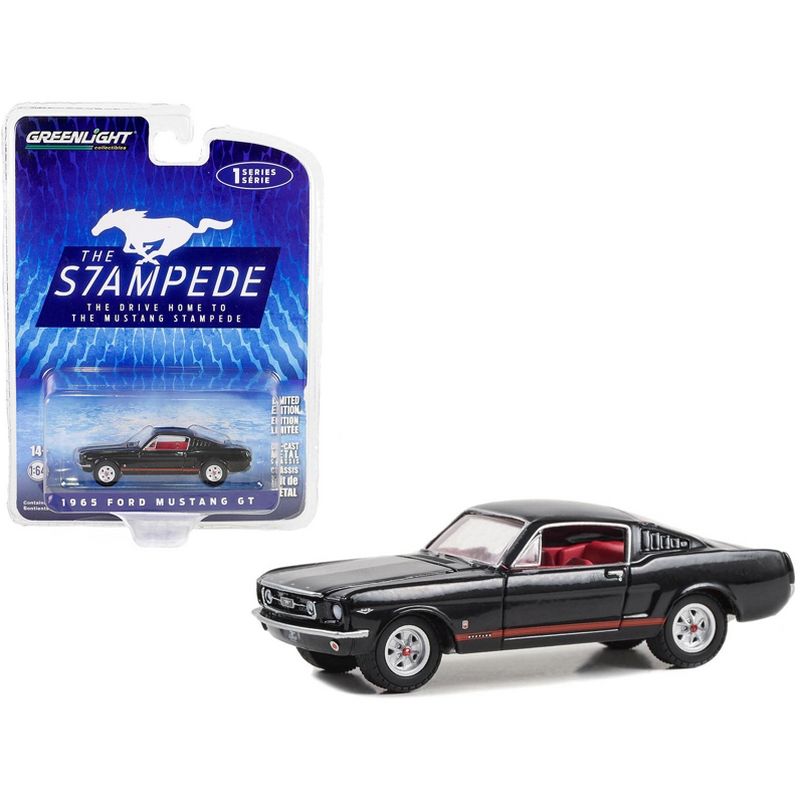 1965 Ford Mustang GT Raven Black with Red Stripes and Red Interior 1/64 Diecast Model Car by Greenlight, 1 of 4
