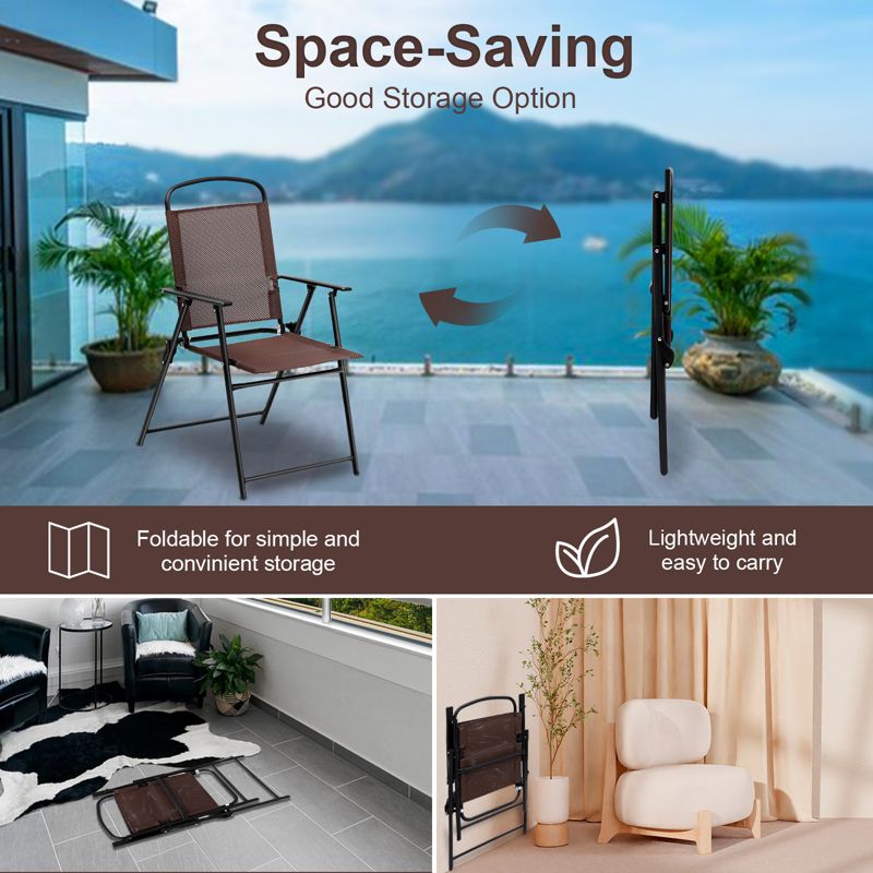 SKONYON 2PCS Patio Folding Dining Chairs Portable Armrest Sling Back Chairs Perfect for Camping Deck Beach Garden Brown, 2 of 6