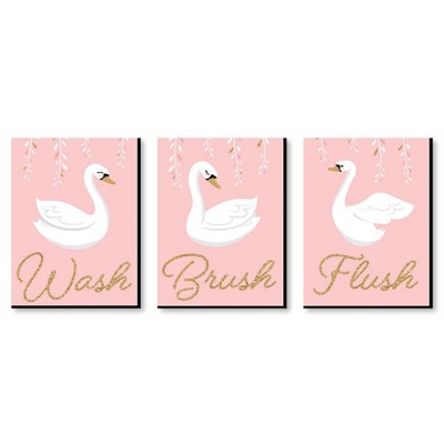 Big Dot of Happiness Swan Soiree - Kids Bathroom Rules Wall Art - 7.5 x 10 inches - Set of 3 Signs - Wash, Brush, Flush