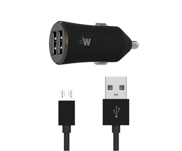 Just Wireless 2-Port USB 2.0A Car Charger (with 6' Micro USB Cable) - Black