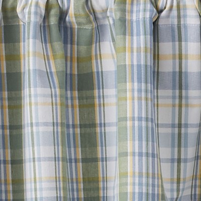 Blue and White Cotton Plaid Light-Filtering Kitchen Swag Curtain
