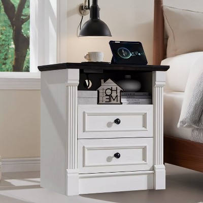 SinCiDo 26" H Farmhouse Nightstand w/ Charging Station 23.6" W Rustic End Table Roman Column,Open Shelf,2 Drawers & Metal Handles