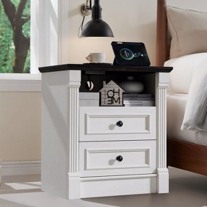 SinCiDo 26" H Farmhouse Nightstand w/ Charging Station 23.6" W Rustic End Table Roman Column,Open Shelf,2 Drawers & Metal Handles - 1 of 4