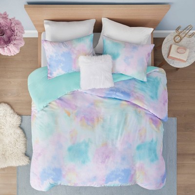 Full/Queen Lisa Watercolor Tie Dye Printed Duvet Cover Set - Aqua