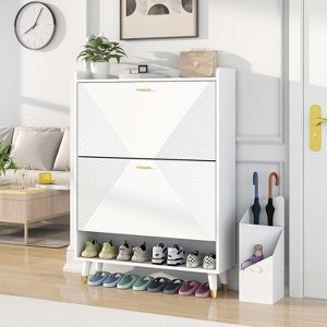 TIRAMISUBEST Shoe White Cabinet with 2 Flip Drawers, Narrow Shoe Storage Cabinet Wooden for Entryway, Hallway, Living Room Entryway - 1 of 4