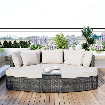 Coolbibila-6-Piece Patio Outdoor Conversation Round Sofa Set, PE Wicker Separate Seating Group With Coffee Table, Atio Furniture Set 6 Piece