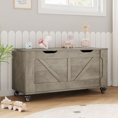 Garvee Storage Chest, Storage Trunk With 4 Wheels,39.4'' Wooden Storage Bench With 2 Safety Hinges,Entryway Bench With Storage for Living Room,Gray