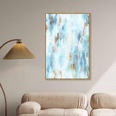 Large Blue and Gold Abstract Canvas Wall Art with Wooden Frame