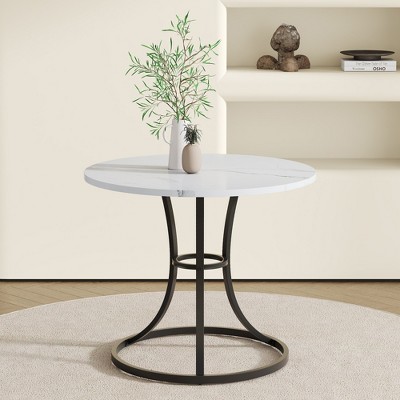 DOMETOUR Modern Minimalist 33.3 Circular Dining Table, White Marble Pattern Top, Unique Metal Legs, Elegant & Practical Choice