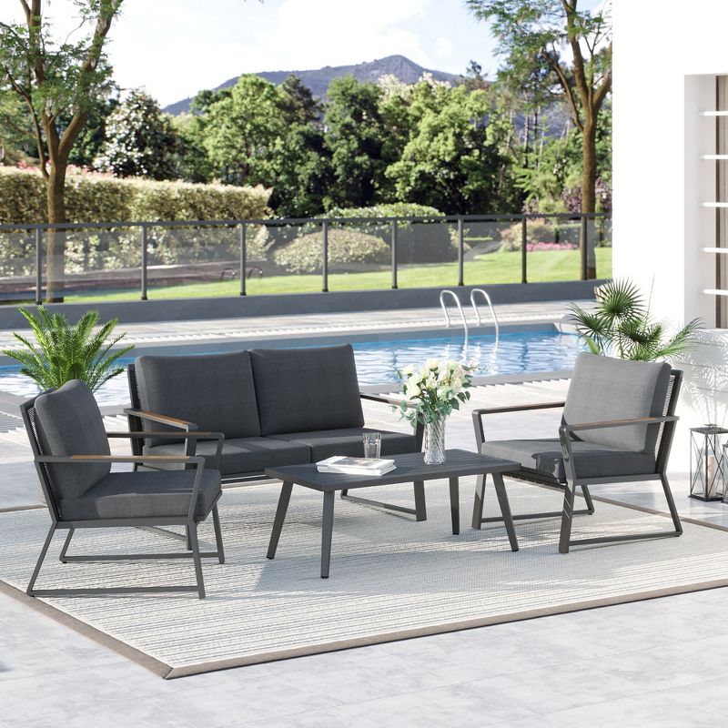 Outsunny 4 Piece Patio Furniture Set, Aluminum Conversation Set, Outdoor Garden Sofa Set with Armchairs, Loveseat, Center Coffee Table and Cushions, 3 of 7