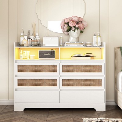 Resenkos Modern Rattan 6 Drawers Dresser with LED Light for Bedroom Organizer, Double Wide Accent Chest of Drawers, White