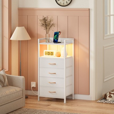 Furnulem Tall Nightstand with Charging Station and Drawers, Bedside Table with 4/5 Fabric Drawers, LED Lights and 2 Storage Shelves